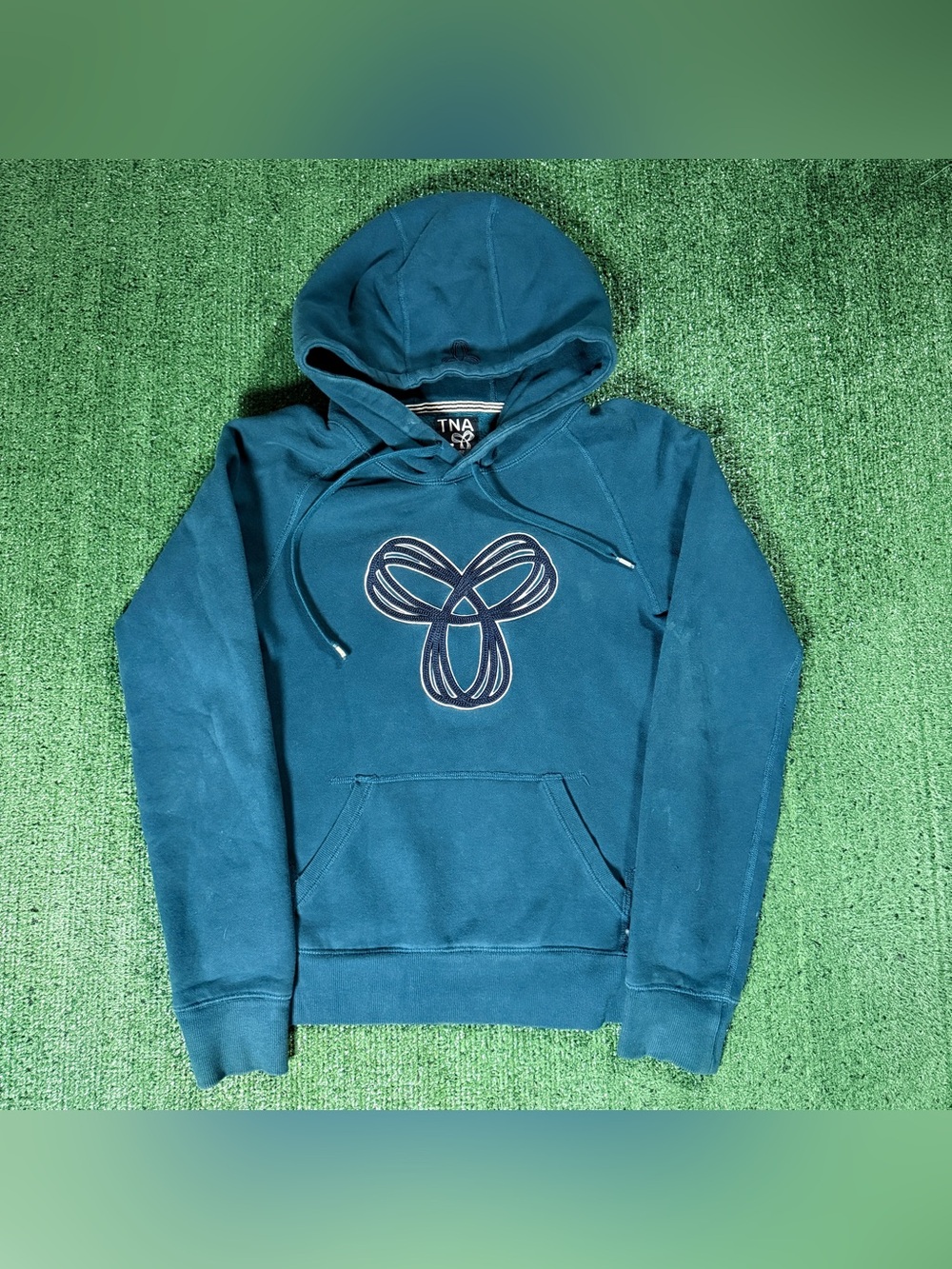 Women’s TNA Aritzia Hoodie Teal Blue Logo Pullover Sweatshirt Small